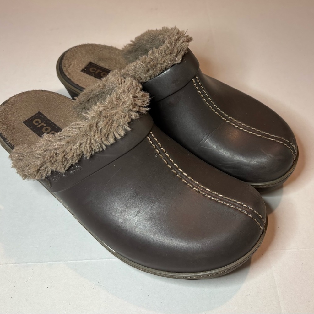 Womens Crocs Cobbler W10 Brown Rubber Clogs Slides Slip‎ On Shoes Fur Lined